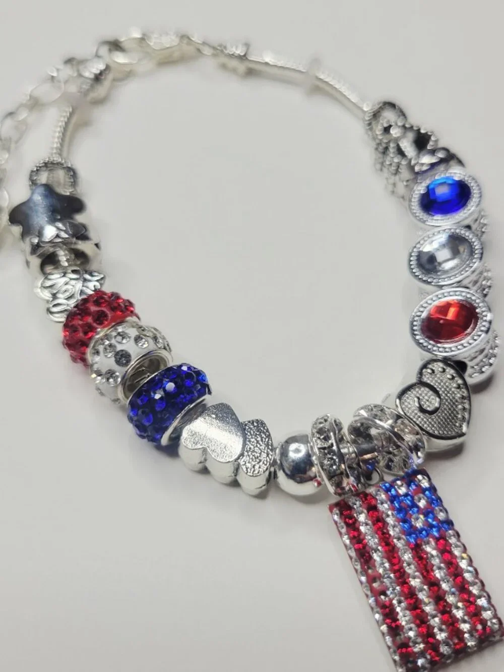 NWT Patriotic Pandora Style Charm Bracelet American Flag Red White Blue America